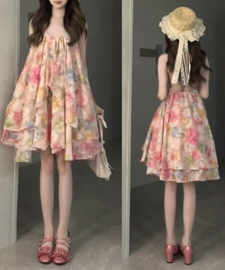 핑크색 꽃무늬 슬립 드레스 아이들 초기 여름 2026 새로운 그레이트 바다를보고 측면 가짜 작은 키 미니 스커트