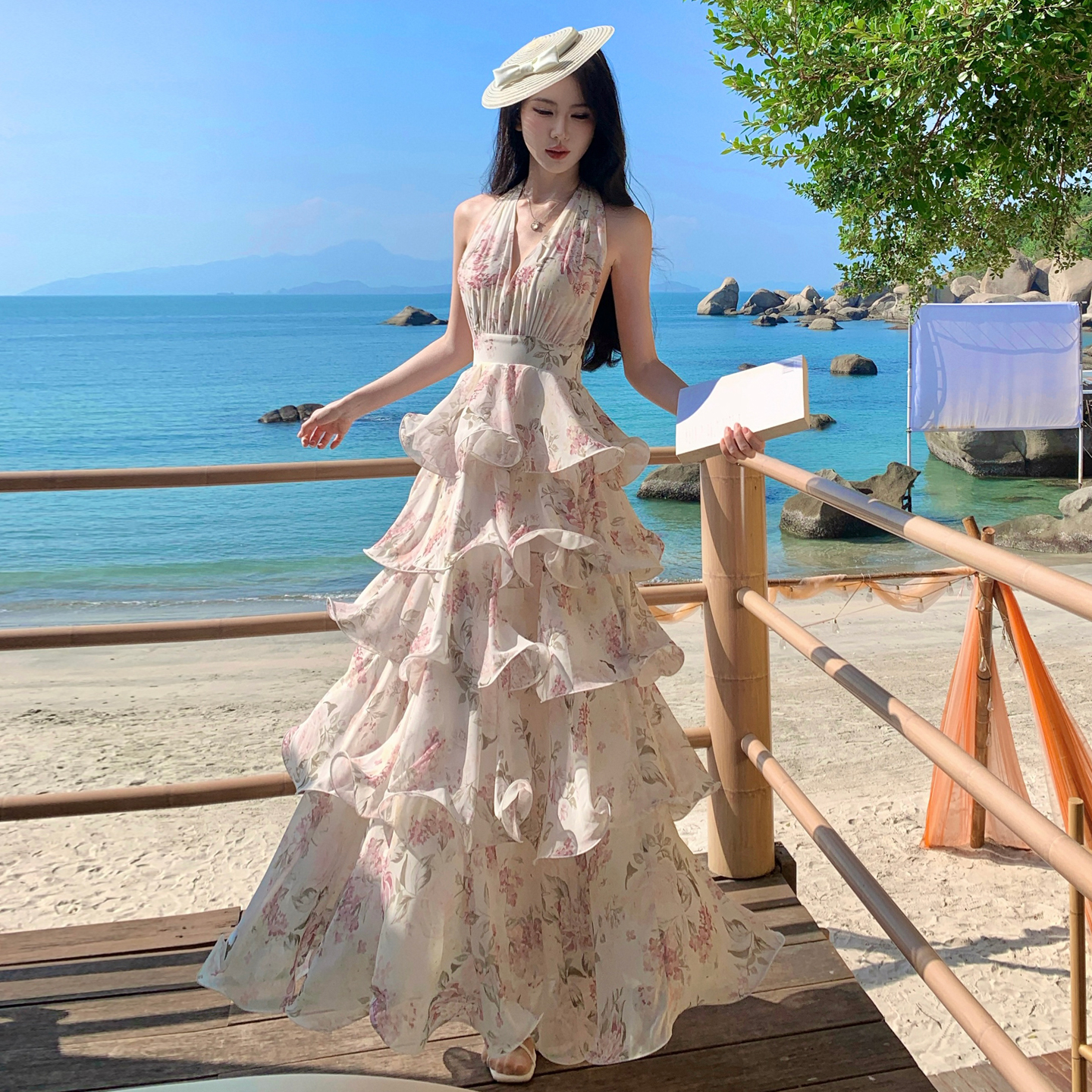 for fay 이슬 장미 정원 프랑스식 휴가 바람 프린트 행침 목 쉬폰 케이크 롱 스커트 여성 V넥 드레스