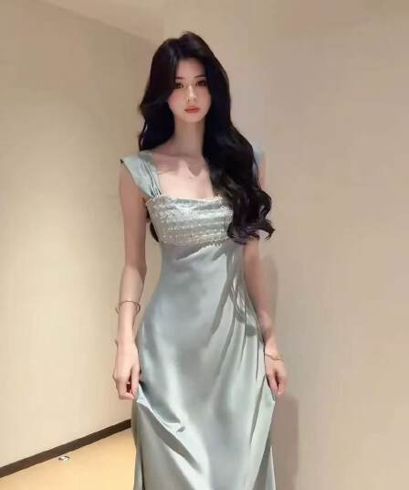 프랑스식 부드러운 명문 여성 분위기 센스 무거운 작업 다이아몬드 세팅 새틴 드레스 새로운 작은 대중 빛 럭셔리 슬림해 보이는 허리 수축 롱 스커트