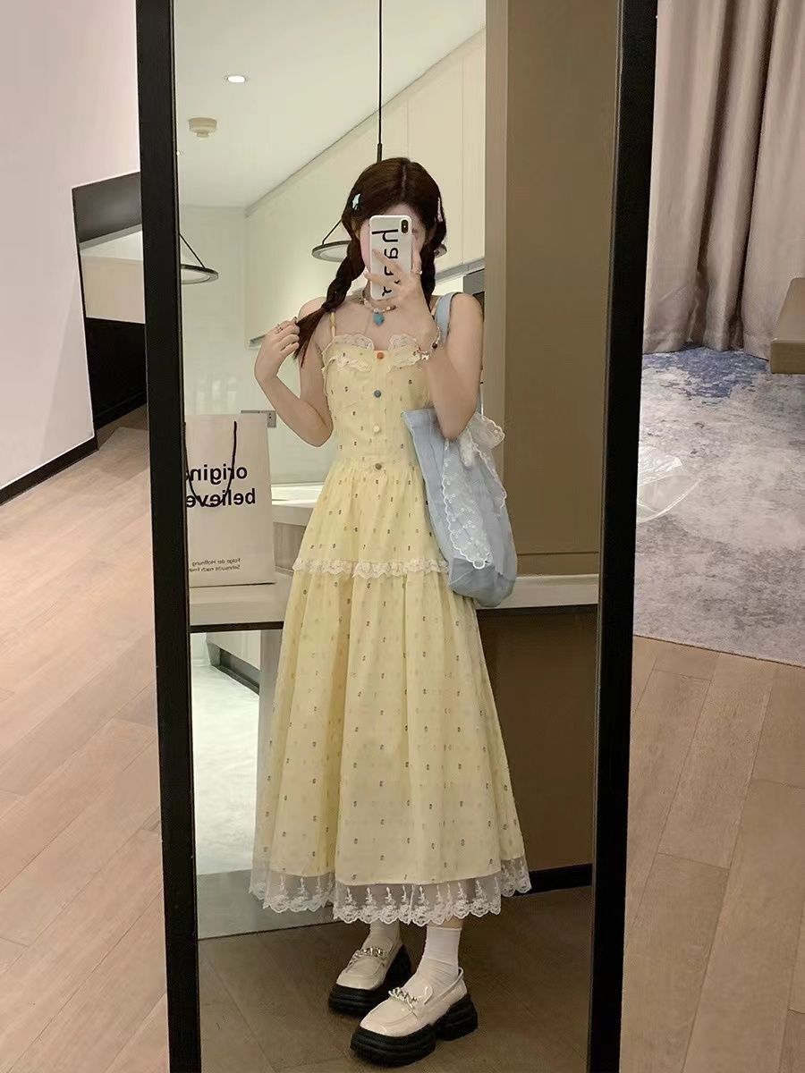 사탕 연인 프랑스식 부드러운 바람 롱 스커트 여성 여름 허리 수축 슬림해 보이는 레이스 조각 달콤함 슬립 여성 드레스