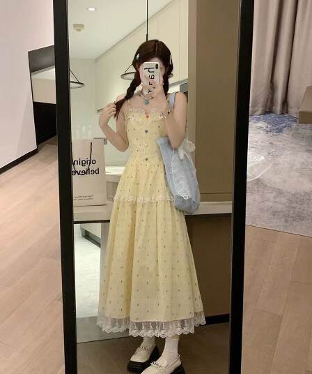 사탕 연인 프랑스식 부드러운 바람 롱 스커트 여성 여름 허리 수축 슬림해 보이는 레이스 조각 달콤함 슬립 여성 드레스