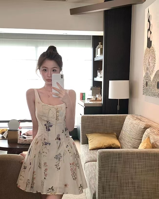 이중층 세트 인사이드 순면 워터 마크 치마 아이들 여름 슬림해 보이는 허리 수축 레이스업 꽃무늬 드레스 공주 센스 슬립 드레스