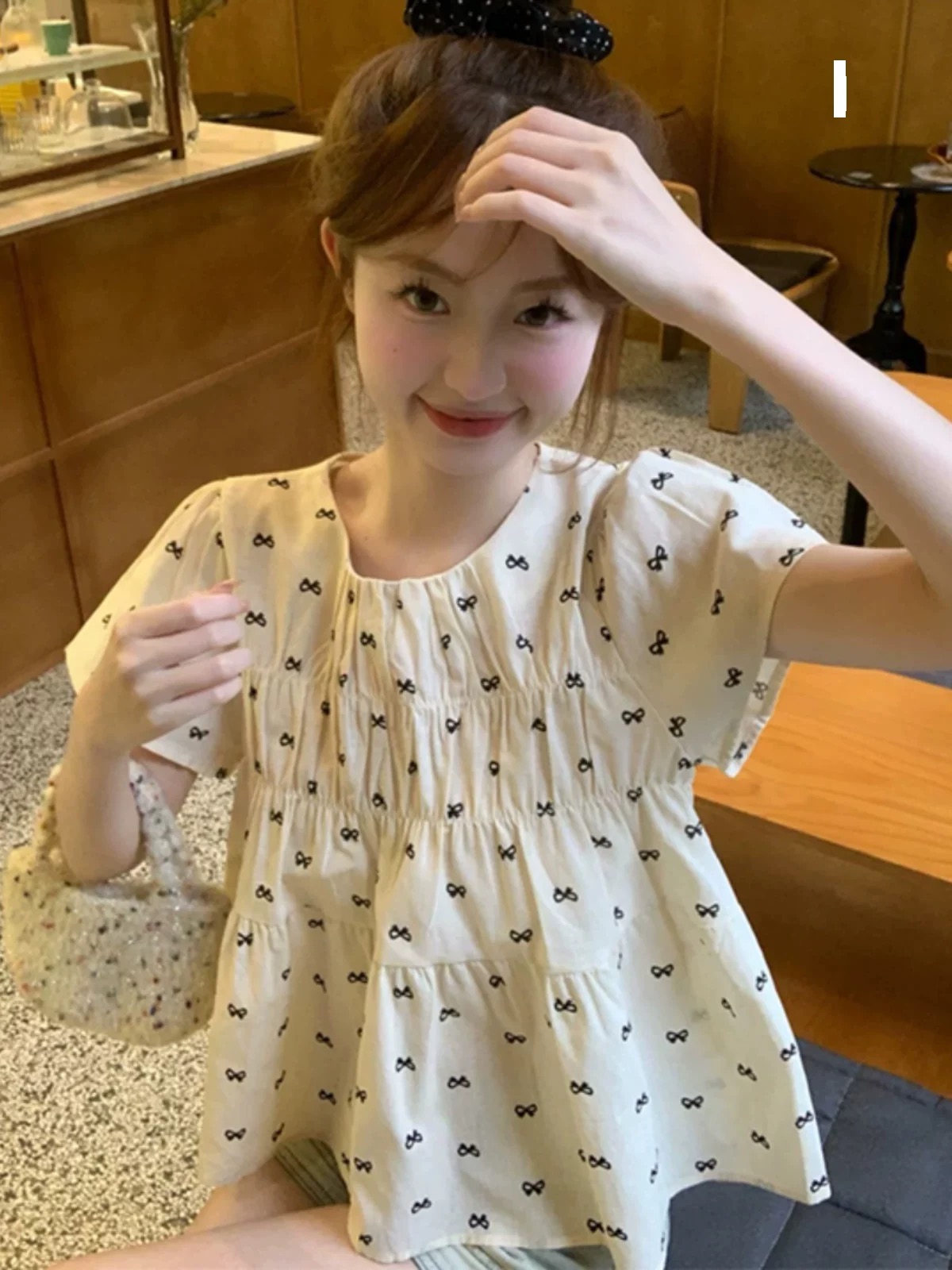 일본식 달콤함 반팔 꽃무늬 여성 셔츠 여름 고급 센스 빛 럭셔리 인형 셔츠 루즈핏 작은 키 주름 맨위