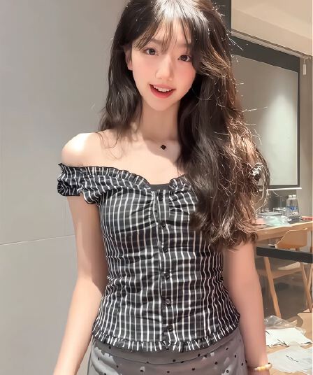 미친 하트 비트 체크무늬 오프숄더 둘 착용 오프숄더 순수한 욕망 달콤한 매운맛 레트로 셔츠 핫걸 체크무늬 맨위 여성 여름