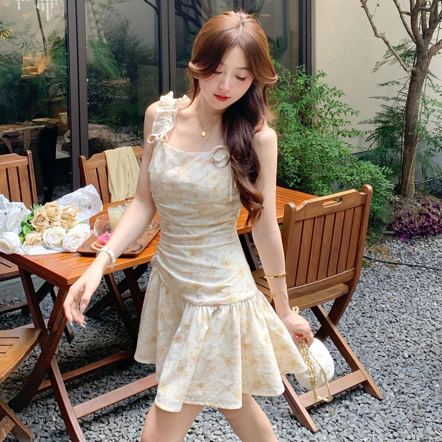 프랑스식 품격 슬립 새로운 꽃무늬 여성 드레스 여름 허리 수축 작은 키 슬림해 보이는 슬립 드레스 미니 스커트 치마