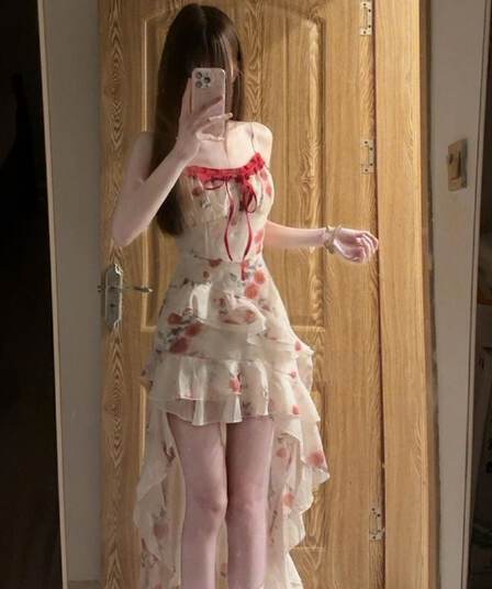 원본 것 있음 네리 프랑스식 차 휴식 프릴 꽃무늬 불규칙 아름다운 해변가 휴가 바람 허리 수축 롱 스커트