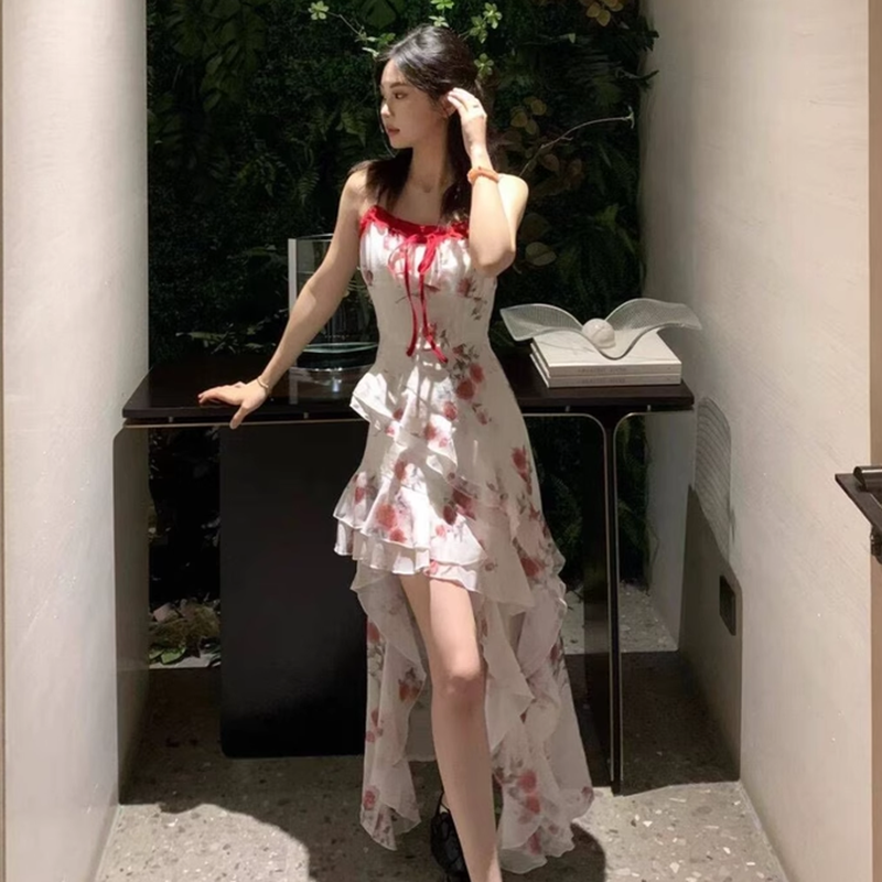 원본 것 있음 네리 프랑스식 차 휴식 프릴 꽃무늬 불규칙 아름다운 해변가 휴가 바람 허리 수축 롱 스커트