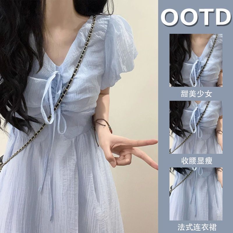 프랑스식 부드러운 바람 파란색 거품 소매 여성 드레스 가을 고급 디자인 센스 작은 대중 작은 키 허리 수축 치마