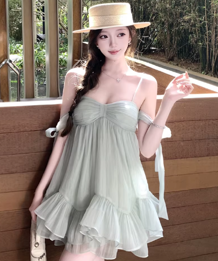 원본 것 있음 네리 해변가 휴가 바람 슬립 드레스 여름 디자인 센스 백리스 쉬폰 한 마디 짧은 치마