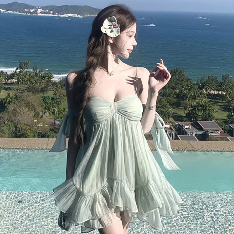 원본 것 있음 네리 프랑스식 슬립 무거운 작업 나비 매듭 프릴 요정 치마 해변가 착용 가져 가라. 슬림해 보이는 미니 스커트