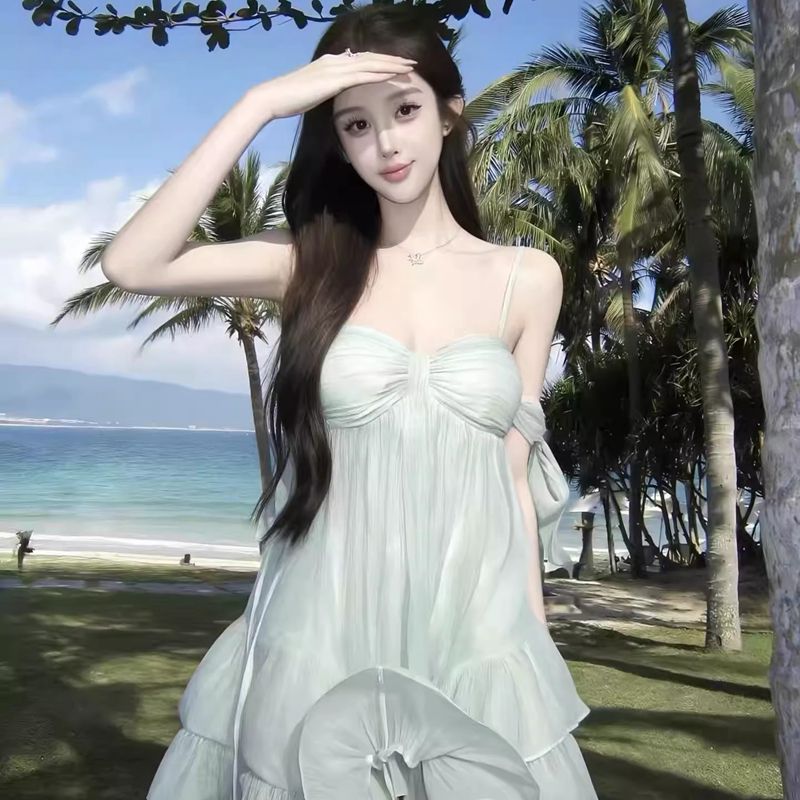 원본 것 있음 네리 박하 녹색 해변가 휴가 분위기 센스 우아한 쉬폰 표지 고기 슬림해 보이는 작은 키 미니 스커트