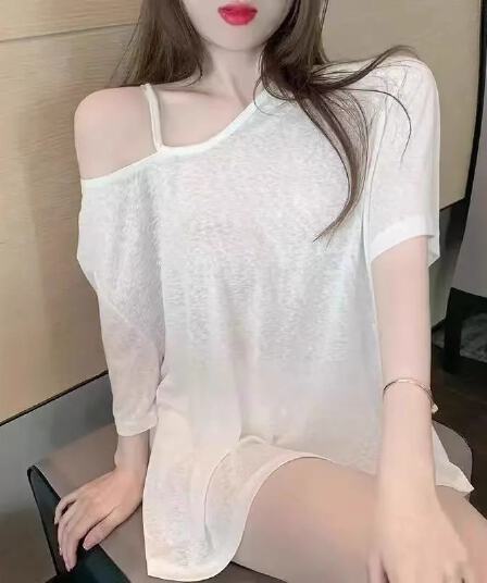 대나무 마디 리브 마이크로 ~을 통해 블라우스 오프숄더 화이트 티셔츠 여성 여름