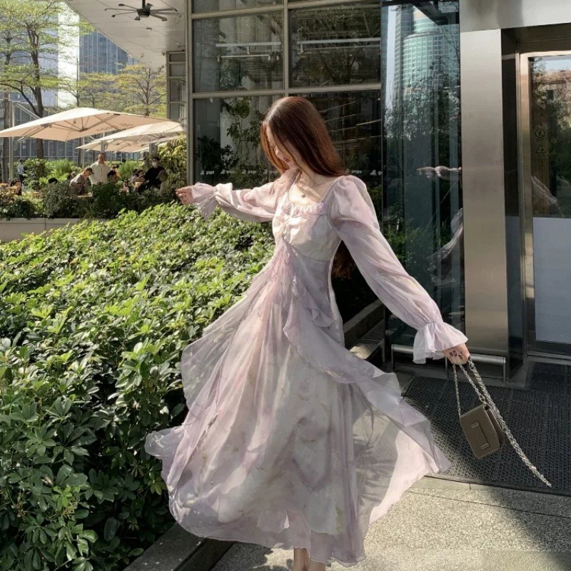 빅 사이즈 프랑스식 보라색 긴팔 슬립 드레스 여성 의류 봄 지방 mm 표지 배 슬림해 보이는 프릴 품격 롱 스커트