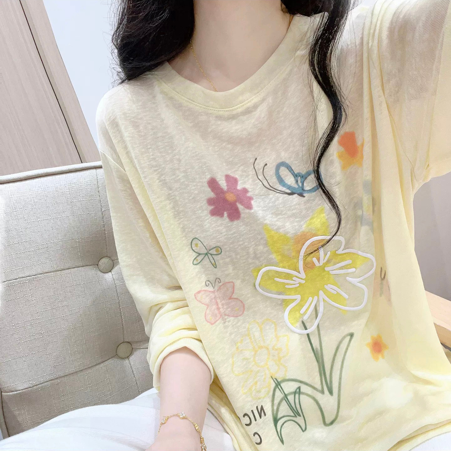 눈꽃 면 자외선 차단 블라우스 여성 여름 얇은 스타일 2026 새로운 루즈핏 느긋한 바람 캐주얼 프린트 티셔츠 긴팔 맨위