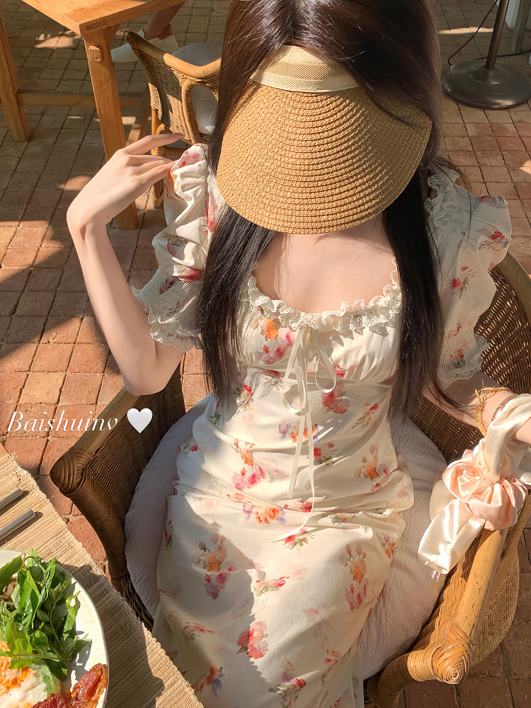 화이트 타워 장미 여성 드레스 부드러운 요정 바람 여름 가을 레이스 한 부서 chic Chic 착용 가져 가라. 분위기 센스 롱 스커트