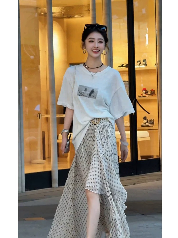 한 부서 순면 2026 여름 새로운 bm 홍콩 느낌 루즈핏 다용도 맨위 chic 만화 프린트 반팔 티셔츠 여성