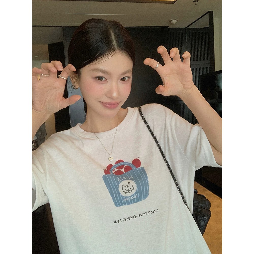 한 부서 순면 2026 여름 새로운 bm 홍콩 느낌 루즈핏 다용도 맨위 chic 만화 프린트 반팔 티셔츠 여성
