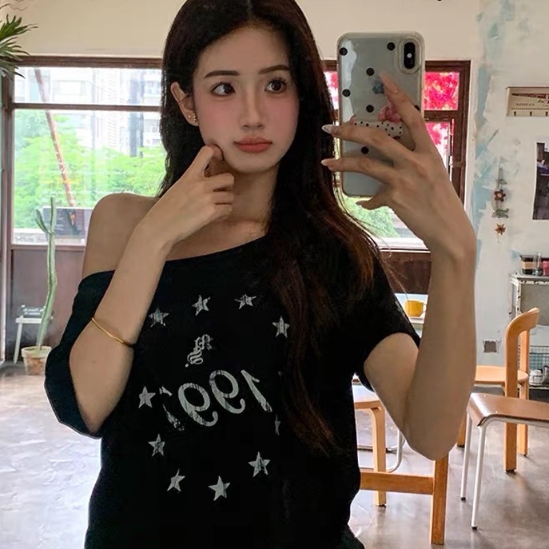 220 그램 92 면 8 암모니아 Lun 아메리칸 핫걸 비스듬한 어깨 알파벳 프린트 반팔 티셔츠 여성