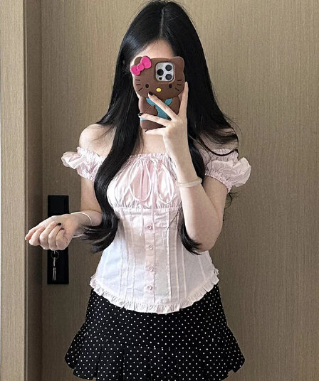 2026 여름 프랑스식 반팔 달콤함 거품 소매 나비 매듭 광장 칼라 쇼트 스타일 여성 셔츠