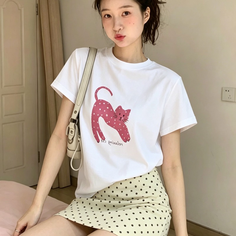 경관 그림 21 순면 210 그램 이후 패키지 칼라 여름 드레스 한 부서 반팔 티셔츠 여성 한국 스타일 루즈핏 빅 사이즈 프린트