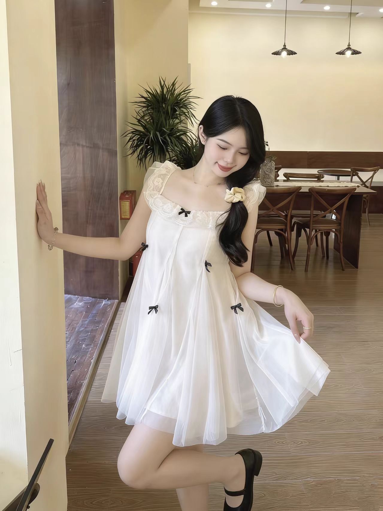 슈퍼 요정 달콤함 인형 치마 라운드 넥 나비 매듭 Feifei 소매 슈퍼 잘 생긴 작은 키 민소매 여성 봄 여름 드레스 드레스
