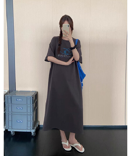 마 오래된 알파벳 프린트 반팔 롱 코트 티셔츠 치마 여성 여름 새로운 빅 사이즈 루즈핏 슬림해 보이는 표지 고기 캐주얼 드레스
