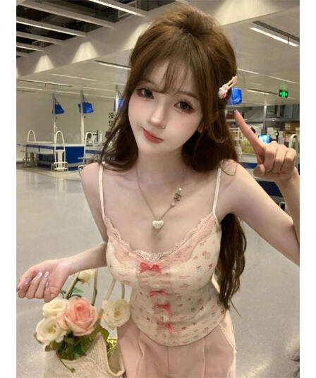 원본 품질 달콤함 레이스 측면 캐미솔 여름 나비 매듭 쇼트 스타일 몸매 가꾸기 기본 셔츠