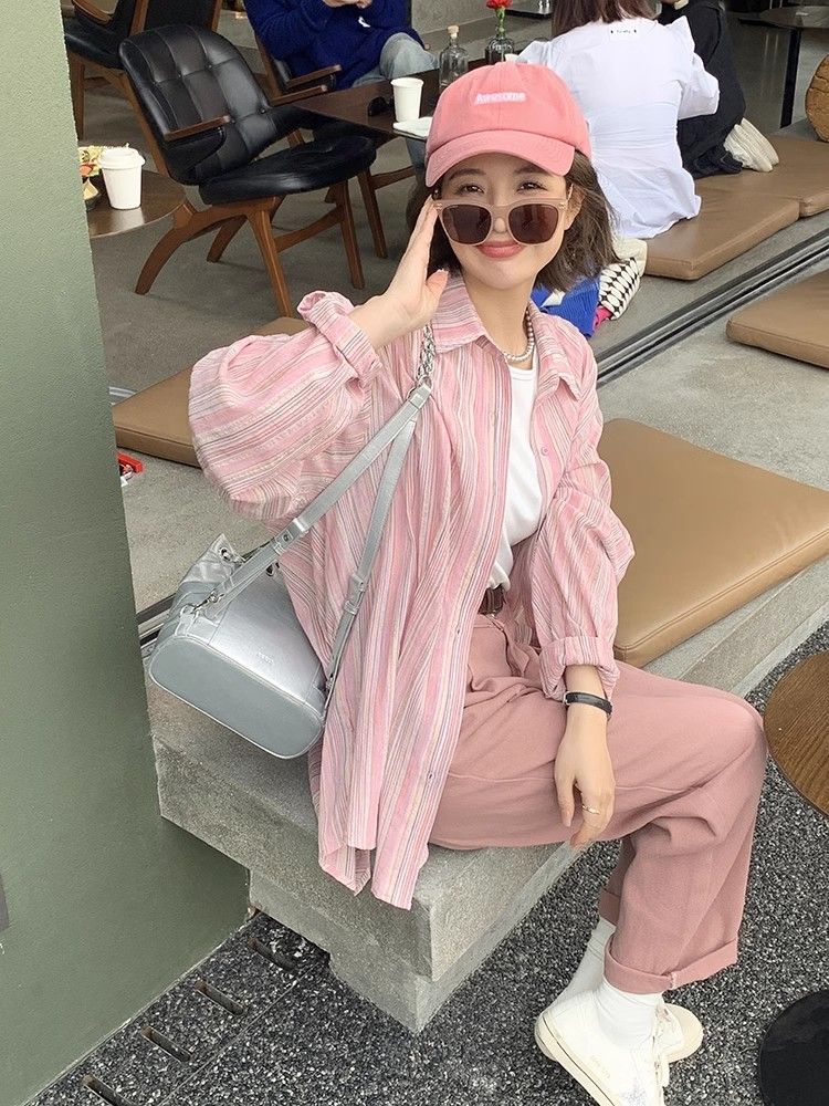 원본 원단 통기성 얇고 가벼운 스트라이프 면 린넨 긴팔 여성 셔츠 여름 oversize 디자인 센스 핑크색 자외선 차단