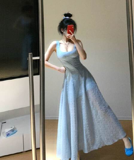 프랑스식 파란색 광장 칼라 슬립 여성 드레스 여름 해변가 휴가 품격 고급 센스 허리 수축 슬림해 보이는 퍼프 롱 스커트
