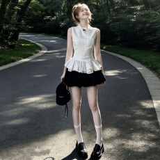 批发韩系千金风气质无袖格纹上衣甜美休闲少女感花苞裙半身短裙两件套