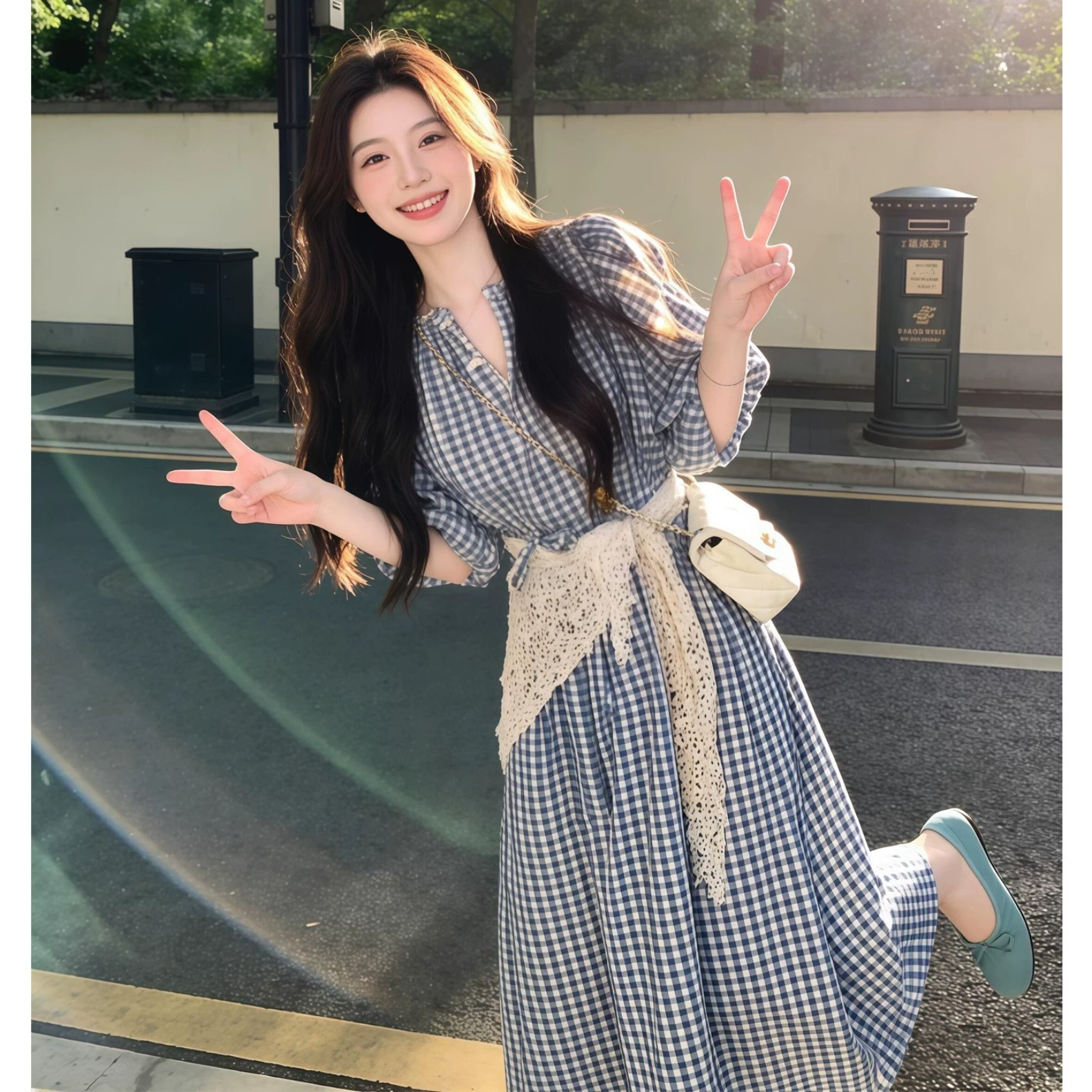 순수한 하얀 달빛 달콤한 스타일 파란색 체크무늬 여성 드레스 여름 일본식 미니멀리즘 학원 스타일 작은 키 요정 치마