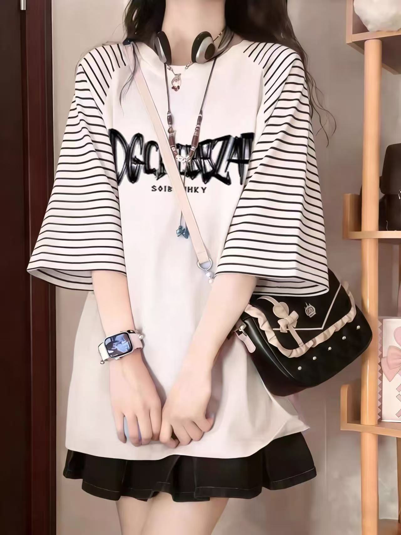 순면 chic Chic 삽입 어깨 패치워크 조수 브랜드 하라주쿠 와이드 연령 감소 반팔 티셔츠 여성 새로운 여름 슬림해 보이는 t 맨위
