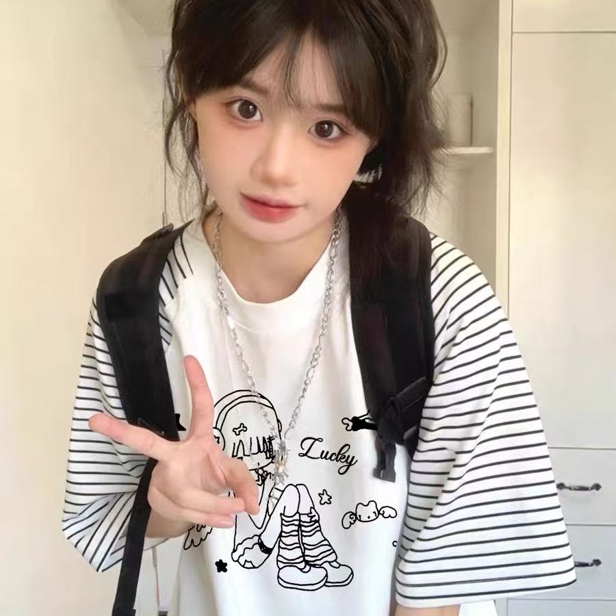 순면 chic Chic 삽입 어깨 패치워크 조수 브랜드 하라주쿠 와이드 연령 감소 반팔 티셔츠 여성 새로운 여름 슬림해 보이는 t 맨위
