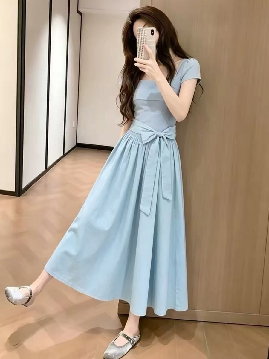 부드러운 요정 가스 파란색 반팔 여성 드레스 2026 여름 새로운 디자인 센스 나비 매듭 하이웨이스트 슬림해 보이는 롱 스커트