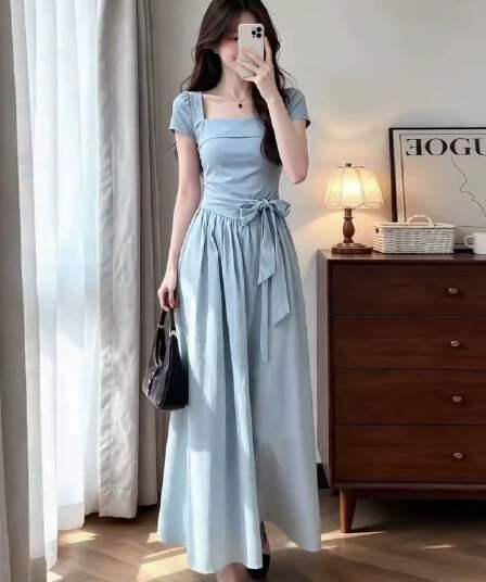 프랑스식 파란색 광장 칼라 반팔 점프 슈트 치마 여성 의류 여름 2026 새로운 올해 인기 폭발 꼬집기 허리 롱 스커트
