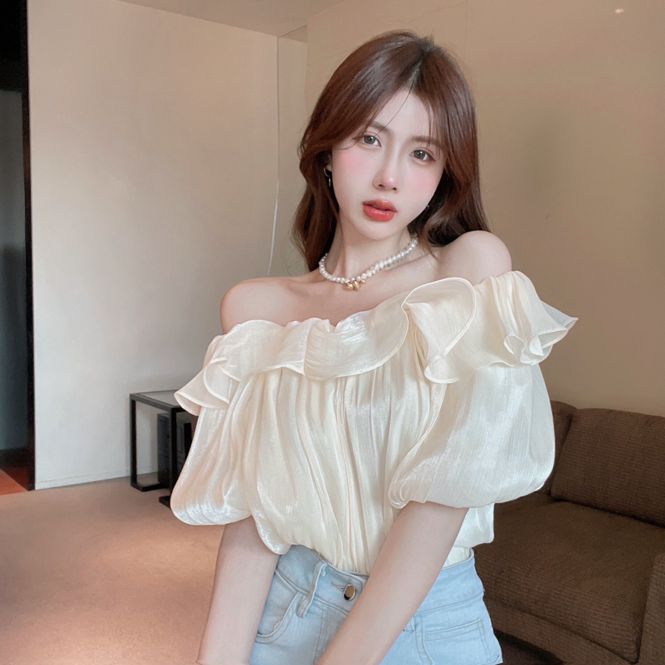 정가 순수한 욕망 품격 오프숄더 여성 셔츠 디자인 센스 작은 대중 맨위 프릴 외국 가스 오프숄더 쉬폰 블라우스 여름