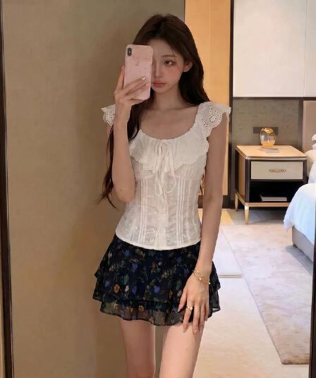 한 부서 달콤함 레이스 민소매 작은 셔츠 면직물 자수 펌프 Pleat 허리 수축 오프숄더 레이스업 슬림해 보이는 작은 키 조끼