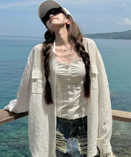 오래된 돈 바람 느슨함 센스 모방 아마 화이트 셔츠 맨위 여성 프랑스식 익스트림 제인 주간 실크 마이크로 ~을 통해 얇고 가벼운 자외선 차단 재킷