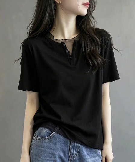 망사 패치워크 V넥 검정색 반팔 티셔츠 여성 여름 새로운 긍정적 인 어깨 루즈핏 캐주얼 다용도 품격 슬림해 보이는 맨위