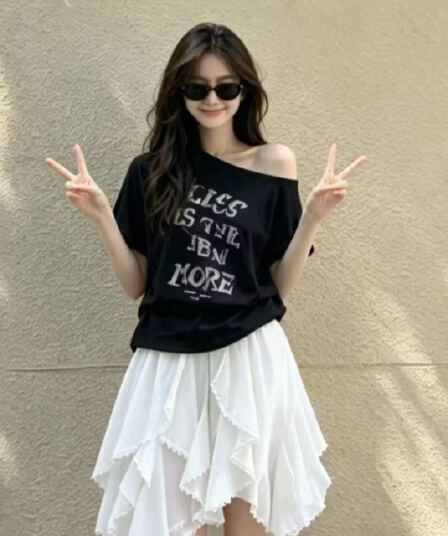 220 그램 92 면 8 암모니아 Lun 아메리칸 핫걸 비스듬한 어깨 알파벳 프린트 반팔 티셔츠 여성