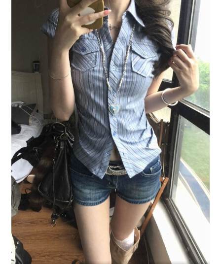 원본 자카드 한 부서 꼬집기 허리 질감 센스 스트라이프 주머니 셔츠 긍정적 인 어깨 반팔 맨위 여성 작은 셔츠
