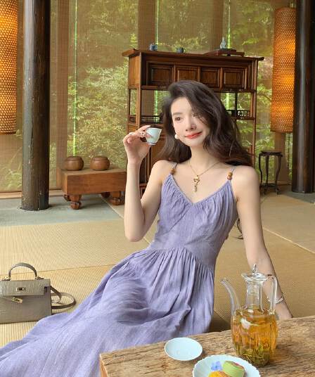 도파민 아름다운 보라색 슬립 여성 드레스 여름 520 데이트 섬 측면 가짜 허리 수축 해변 치마