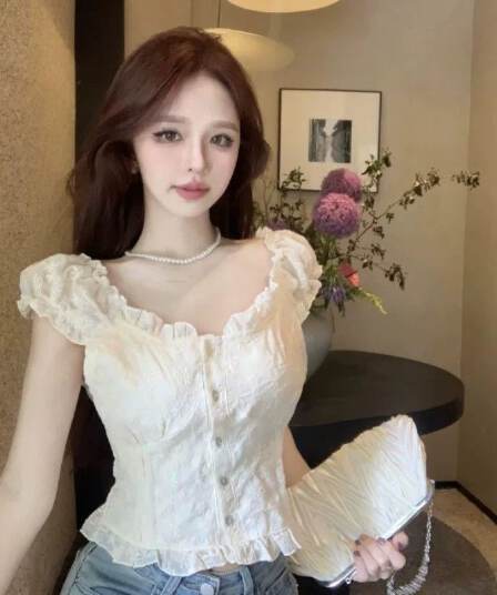 여름 새로운 여성 프랑스식 꽃무늬 거품 소매 쉬폰 셔츠 품격 쇼트 스타일 맨위 달콤함 반팔 화이트 셔츠