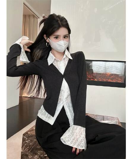 품격 긍정적 인 어깨 페이크 레이어드 여성 셔츠 가을 겨울 패치워크 긴팔 셔츠 허리 수축 슬림해 보이는 맨위