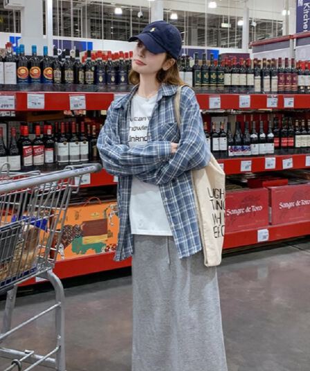 아메리칸 거리 가을 겨울철 캐주얼 루즈핏 디자인 센스 작은 대중 파란색 체크무늬 긴팔 셔츠 자외선 차단 맨위 외출용