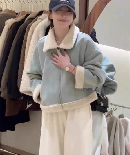 사슴 캐시미어 복합 양 타조 울 폴로 칼라 여성 코트 한국 스타일 겨울 두꺼운 피모 하나 보온 재킷 여성 재킷