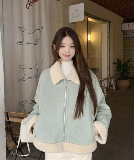 사슴 캐시미어 복합 양 타조 울 폴로 칼라 여성 코트 한국 스타일 겨울 두꺼운 피모 하나 보온 재킷 여성 재킷