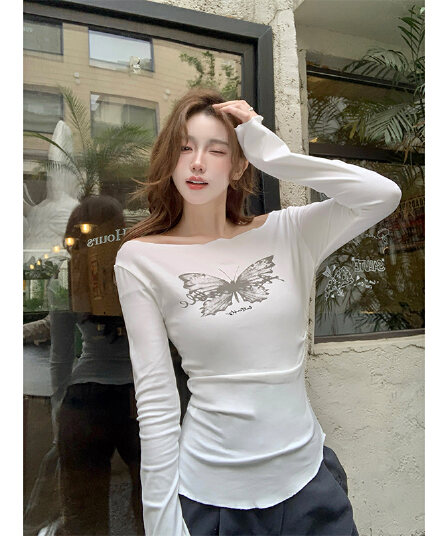 실사 순면 핫걸 프린트 긴팔 티셔츠 꼬집기 허리 작은 대중 맨위 인사이드 가져 가라. 기본 셔츠 여성 봄 가을 새로운 티셔츠