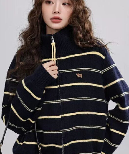 다시 레인 회색 황색 제직 라임 가을 겨울 새로운 터틀넥 스트라이프 스웨터 여성 코트 루즈핏 캐주얼 출퇴근 착용 가져 가라. 니트 스웨터