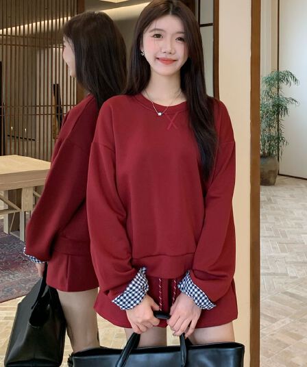 빅 사이즈 통통한 여동생 캐주얼 스포츠 슈트 여성 가을 라운드 넥 긴팔 후드티 맨위 반신 미니 스커트 투피스 슈트